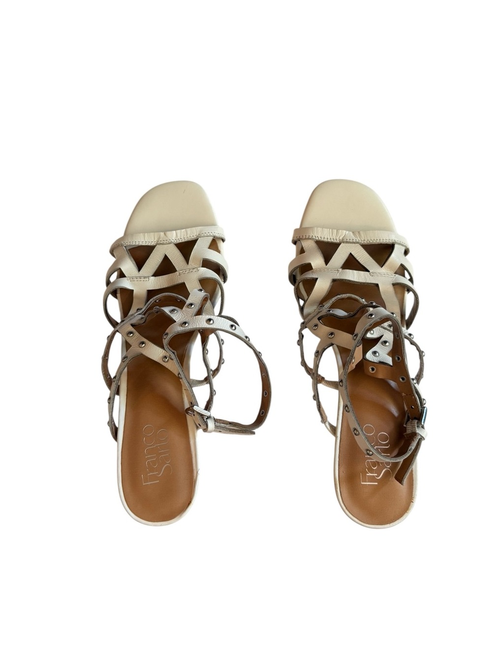 Franco Sarto Cream Strappy Studded Mid-Heel Sandals